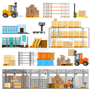 交付服务的构成送货服务等距成与仓库货物人员矢量插图